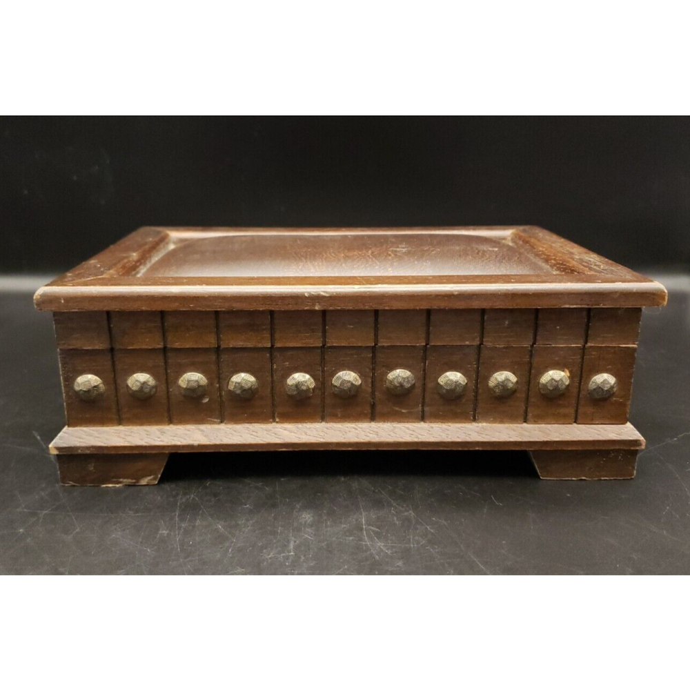 Mens Vintage Wood Jewelry Box Faux Leather Top Decorative Brass Nails MCM